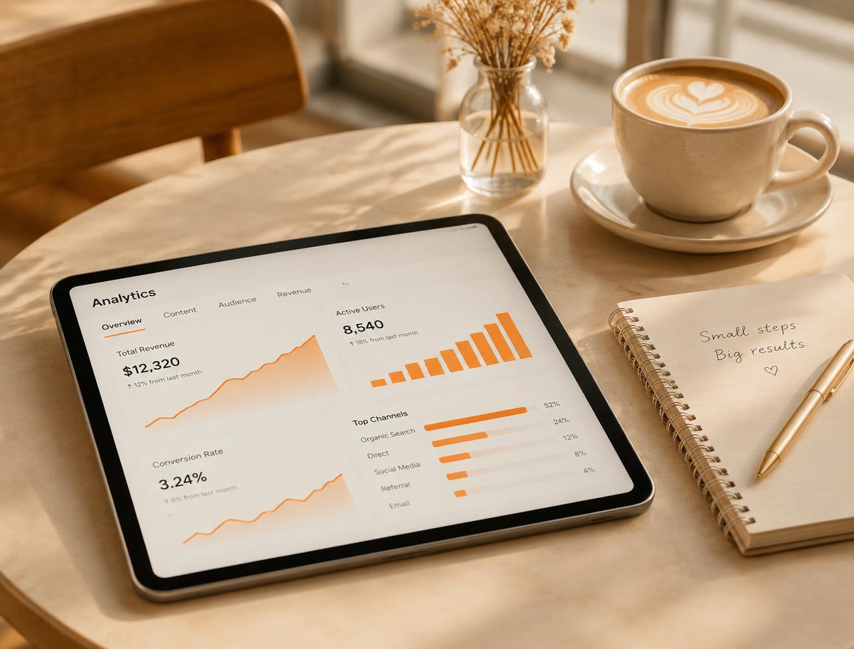 Tablet showing a growing analytics dashboard beside a coffee