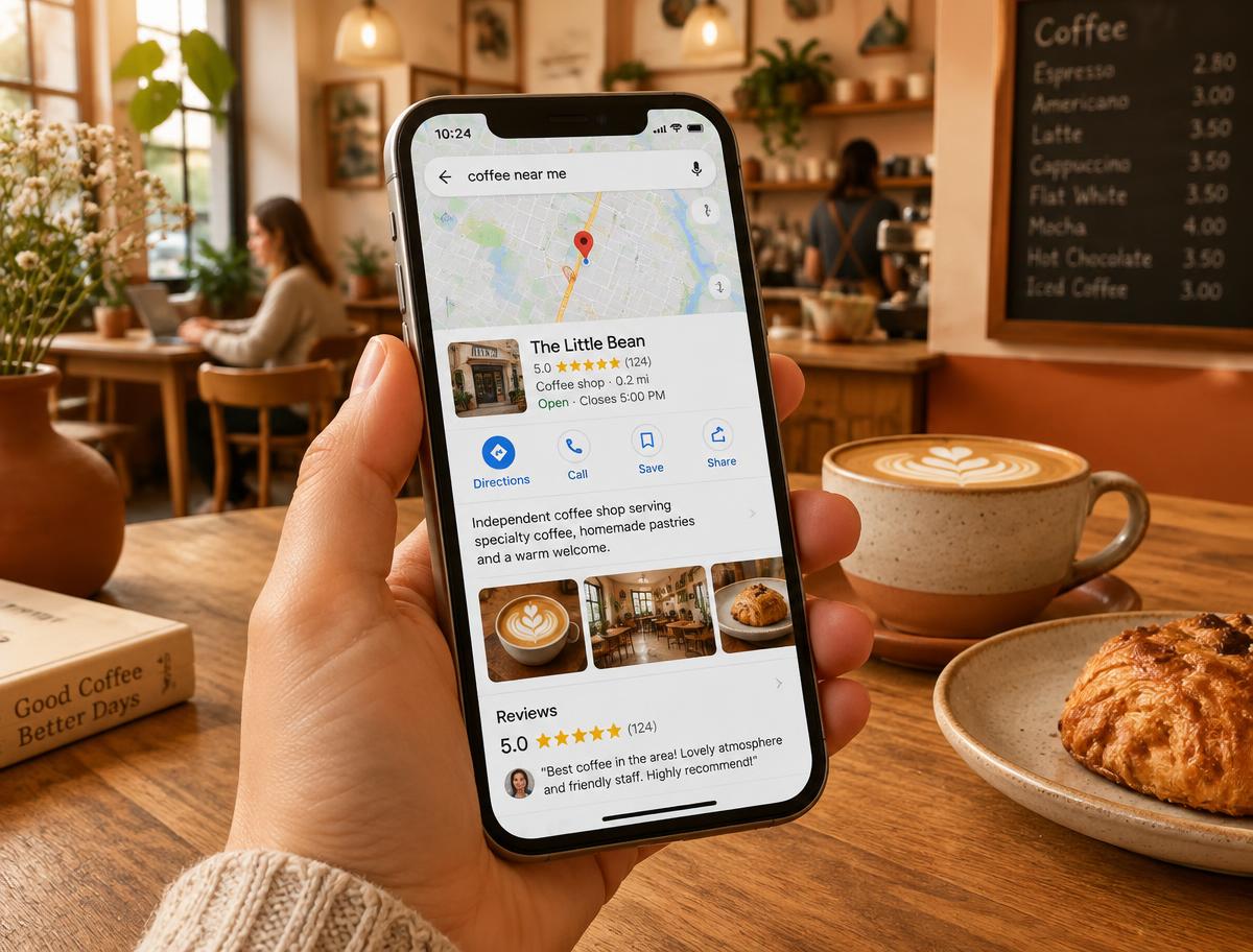 Phone showing a five-star local business listing in a coffee shop