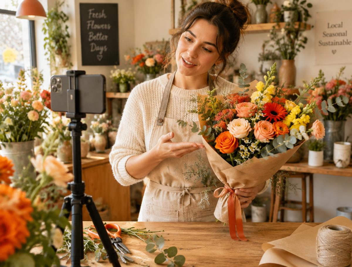 Florist filming a bouquet for social media with a phone on a tripod