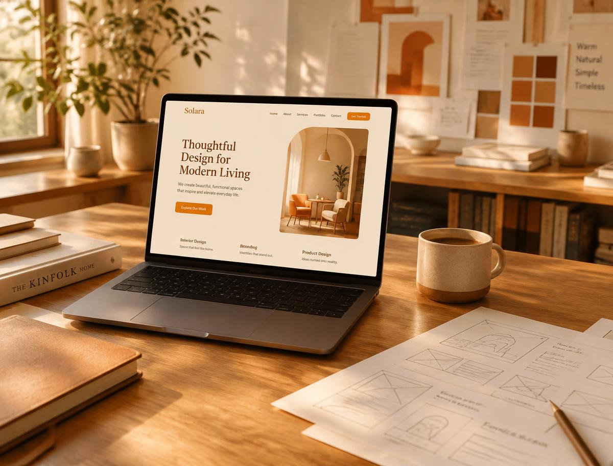 Laptop on an oak studio desk showing an elegant website design