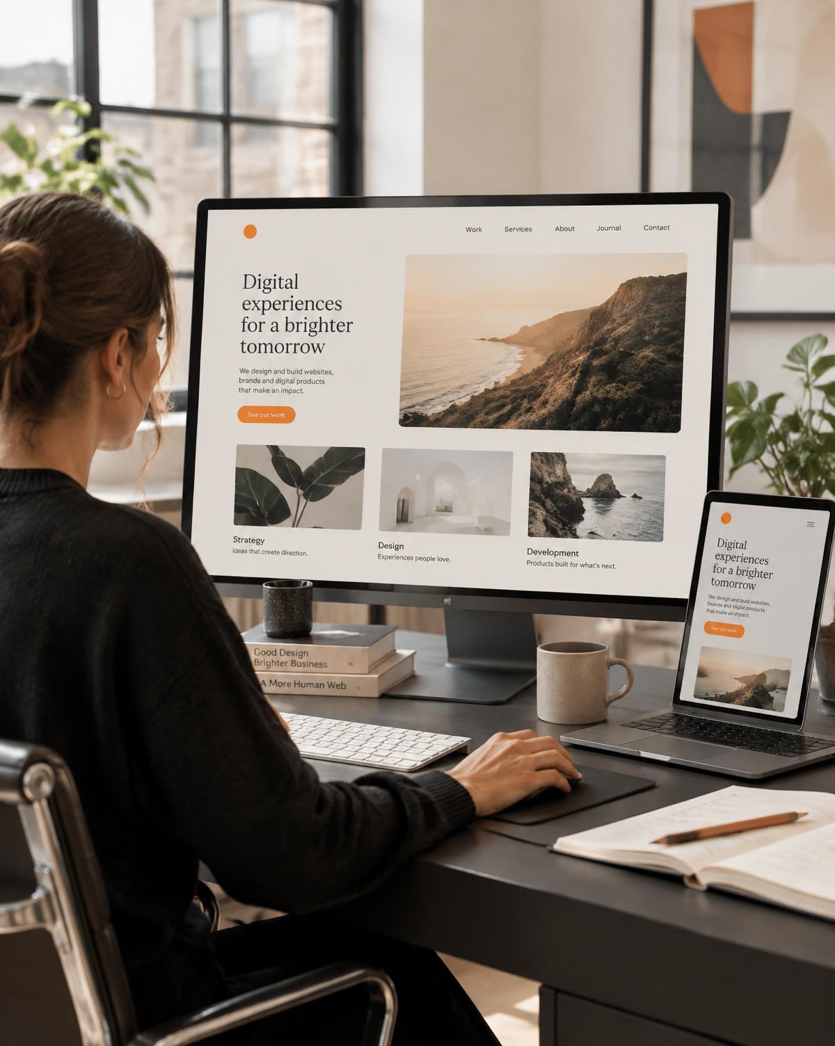 Designer working on a modern website layout across desktop and laptop screens